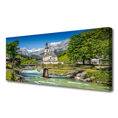 Canvas Kunstdruck Kirche Brücke See Natur