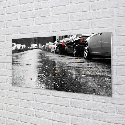 Glasbilder Blätter im herbst straßenauto