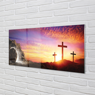 Glasbilder Kreuz höhle sonnenuntergang
