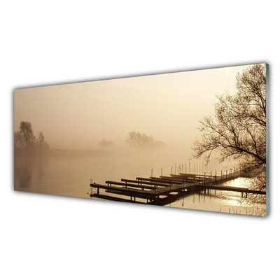 Glasbilder Brücke Wasser Nebel Landschaft