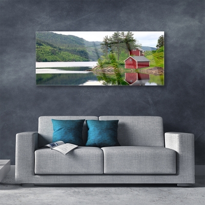 Glasbilder Gebirge Haus Bäume See Landschaft