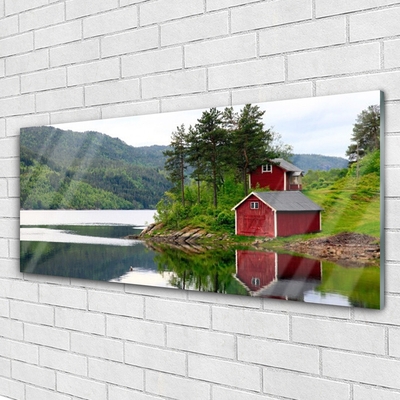 Glasbilder Gebirge Haus Bäume See Landschaft