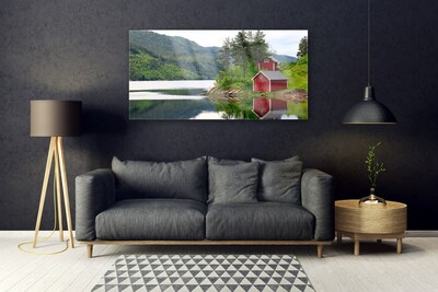 Glasbilder Gebirge Haus Bäume See Landschaft