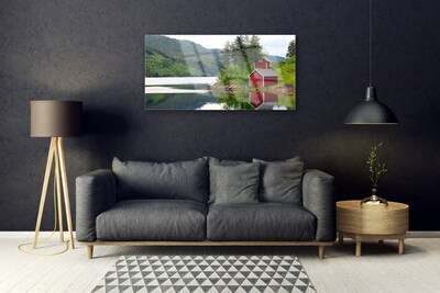 Glasbilder Gebirge Haus Bäume See Landschaft