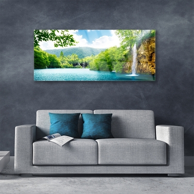 Glasbilder Wasserfall See Bäume Natur