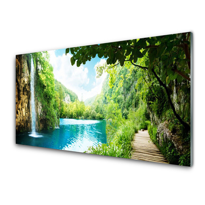 Glasbilder Wasserfall See Bäume Natur
