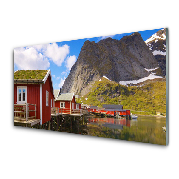 Druck auf Glas Häuser See Gebirge Landschaft