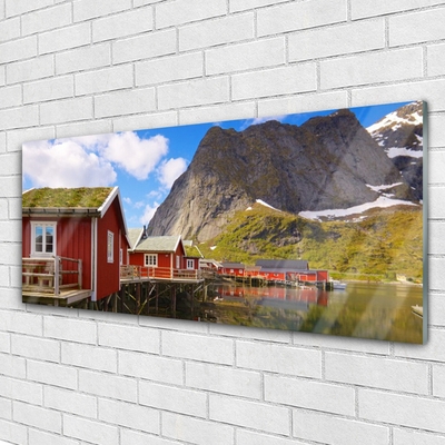 Druck auf Glas Häuser See Gebirge Landschaft