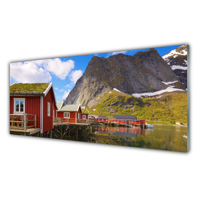 Druck auf Glas Häuser See Gebirge Landschaft