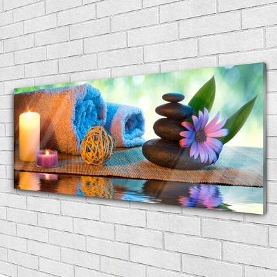 Druck auf Glas Kerzen Tücher Steine Blume Kunst