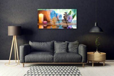 Druck auf Glas Kerzen Tücher Steine Blume Kunst