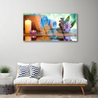 Druck auf Glas Kerzen Tücher Steine Blume Kunst