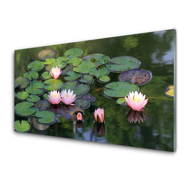 Druck auf Glas See Blumen Blätter Pflanzen