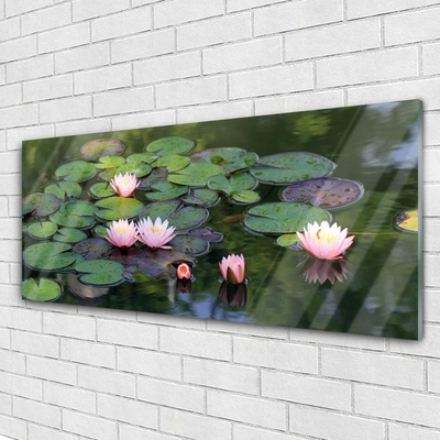 Druck auf Glas See Blumen Blätter Pflanzen