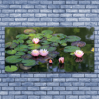 Druck auf Glas See Blumen Blätter Pflanzen