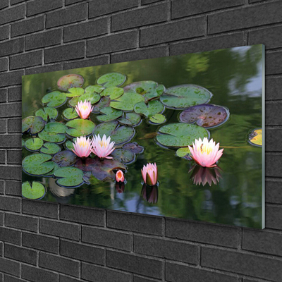 Druck auf Glas See Blumen Blätter Pflanzen