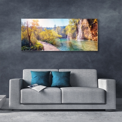 Druck auf Glas Bäume See Felsen Brücke Landschaft