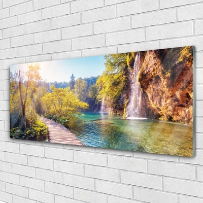 Druck auf Glas Bäume See Felsen Brücke Landschaft