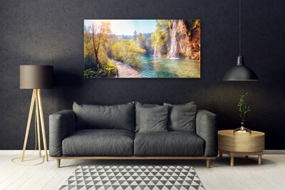 Druck auf Glas Bäume See Felsen Brücke Landschaft