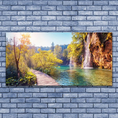 Druck auf Glas Bäume See Felsen Brücke Landschaft