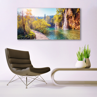 Druck auf Glas Bäume See Felsen Brücke Landschaft