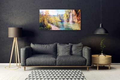 Druck auf Glas Bäume See Felsen Brücke Landschaft