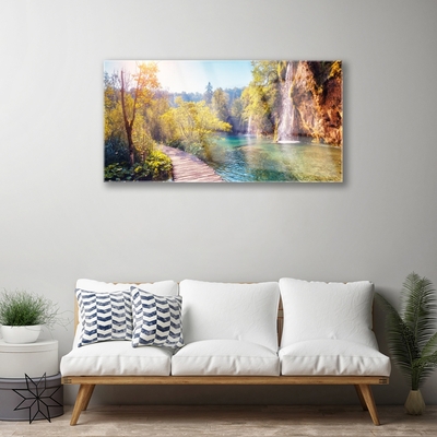Druck auf Glas Bäume See Felsen Brücke Landschaft
