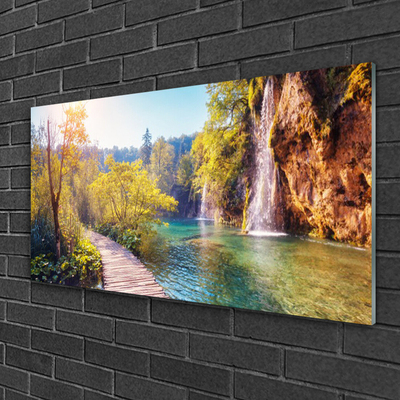 Druck auf Glas Bäume See Felsen Brücke Landschaft