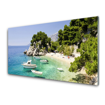 Druck auf Glas Meer Boot Strand Felsen Landschaft