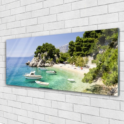 Druck auf Glas Meer Boot Strand Felsen Landschaft