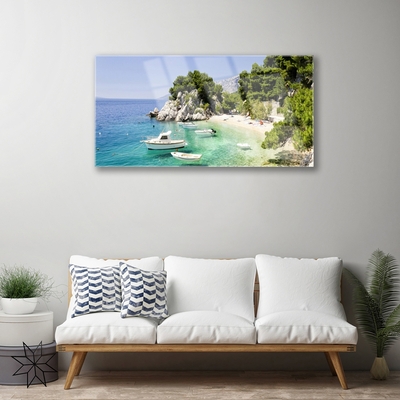 Druck auf Glas Meer Boot Strand Felsen Landschaft