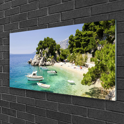 Druck auf Glas Meer Boot Strand Felsen Landschaft