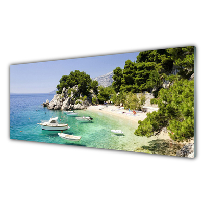 Druck auf Glas Meer Boot Strand Felsen Landschaft