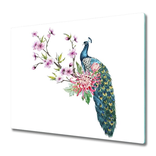 Glas Herdabdeckplatte Pfau und Blumen