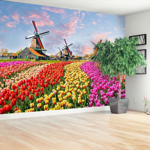 Wandtapete Tulpen windmühlen