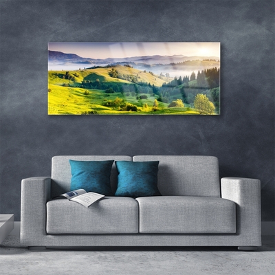 Acrylglasbilder Gebirge Feld Wald Nebel Natur