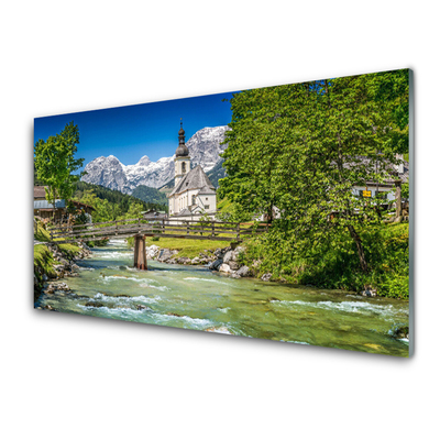 Acrylglasbilder Kirche Brücke See Bäume Natur