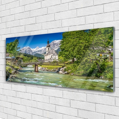 Acrylglasbilder Kirche Brücke See Bäume Natur