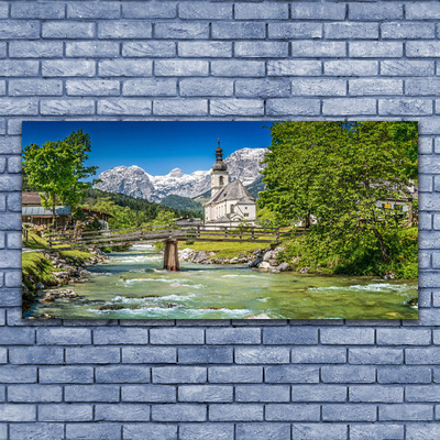 Acrylglasbilder Kirche Brücke See Bäume Natur