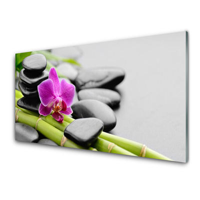 Glasbild aus Plexiglas® Bambusrohre Blume Steine Kunst