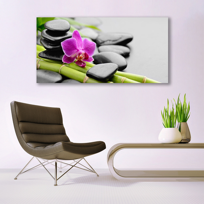 Glasbild aus Plexiglas® Bambusrohre Blume Steine Kunst