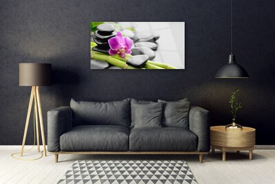 Glasbild aus Plexiglas® Bambusrohre Blume Steine Kunst