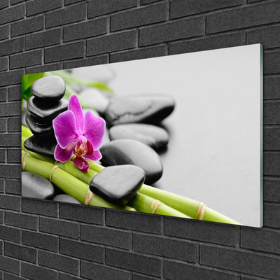 Glasbild aus Plexiglas® Bambusrohre Blume Steine Kunst