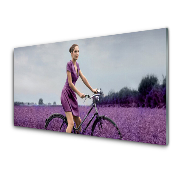 Glasbild aus Plexiglas® Frau Fahrrad Wiese Menschen