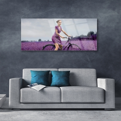 Glasbild aus Plexiglas® Frau Fahrrad Wiese Menschen