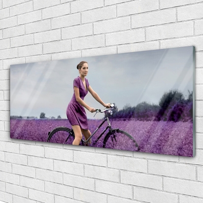 Glasbild aus Plexiglas® Frau Fahrrad Wiese Menschen