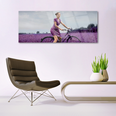 Glasbild aus Plexiglas® Frau Fahrrad Wiese Menschen