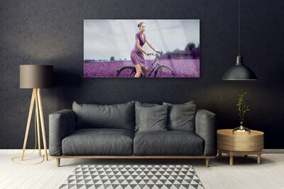 Glasbild aus Plexiglas® Frau Fahrrad Wiese Menschen