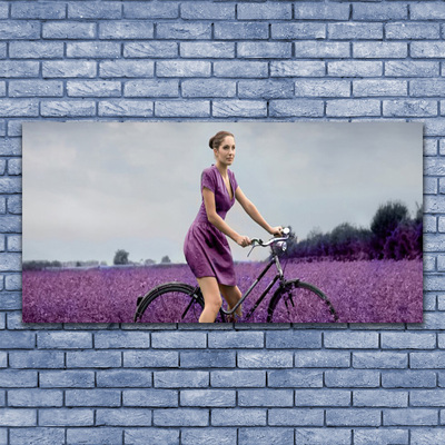 Glasbild aus Plexiglas® Frau Fahrrad Wiese Menschen