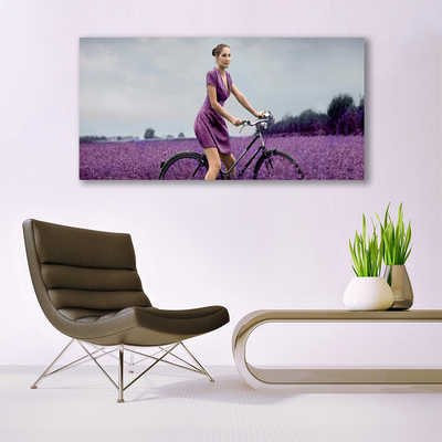 Glasbild aus Plexiglas® Frau Fahrrad Wiese Menschen